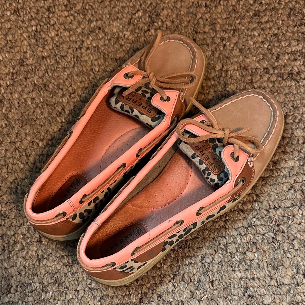 Sperry Leopard Print Tan and Coral Boat Shoes